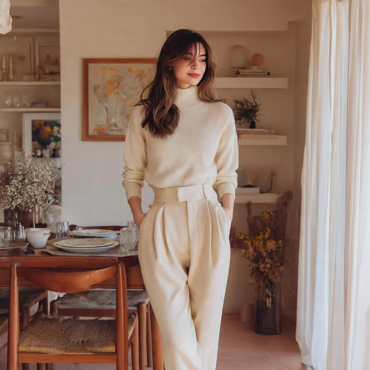 Thanksgiving Dinner Outfit: Chic, Comfortable Looks to Wear This Season 11 cream turtleneck with pleated trousersthanksgiving
