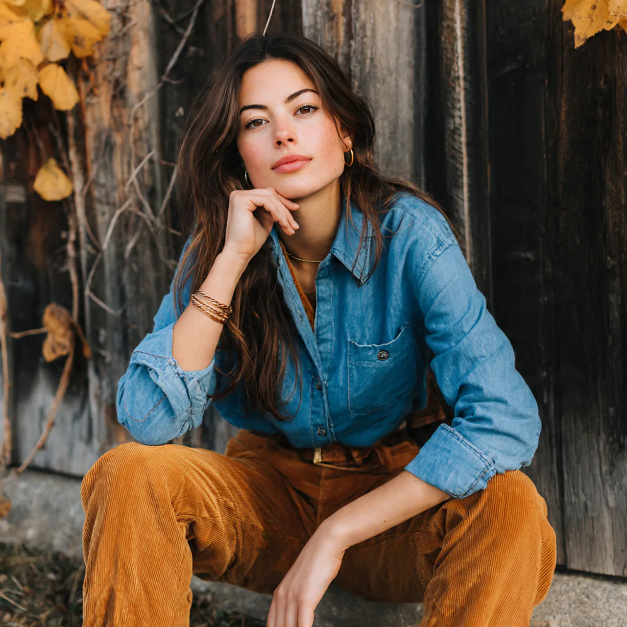 create women image wearing denim shirt with cordur
