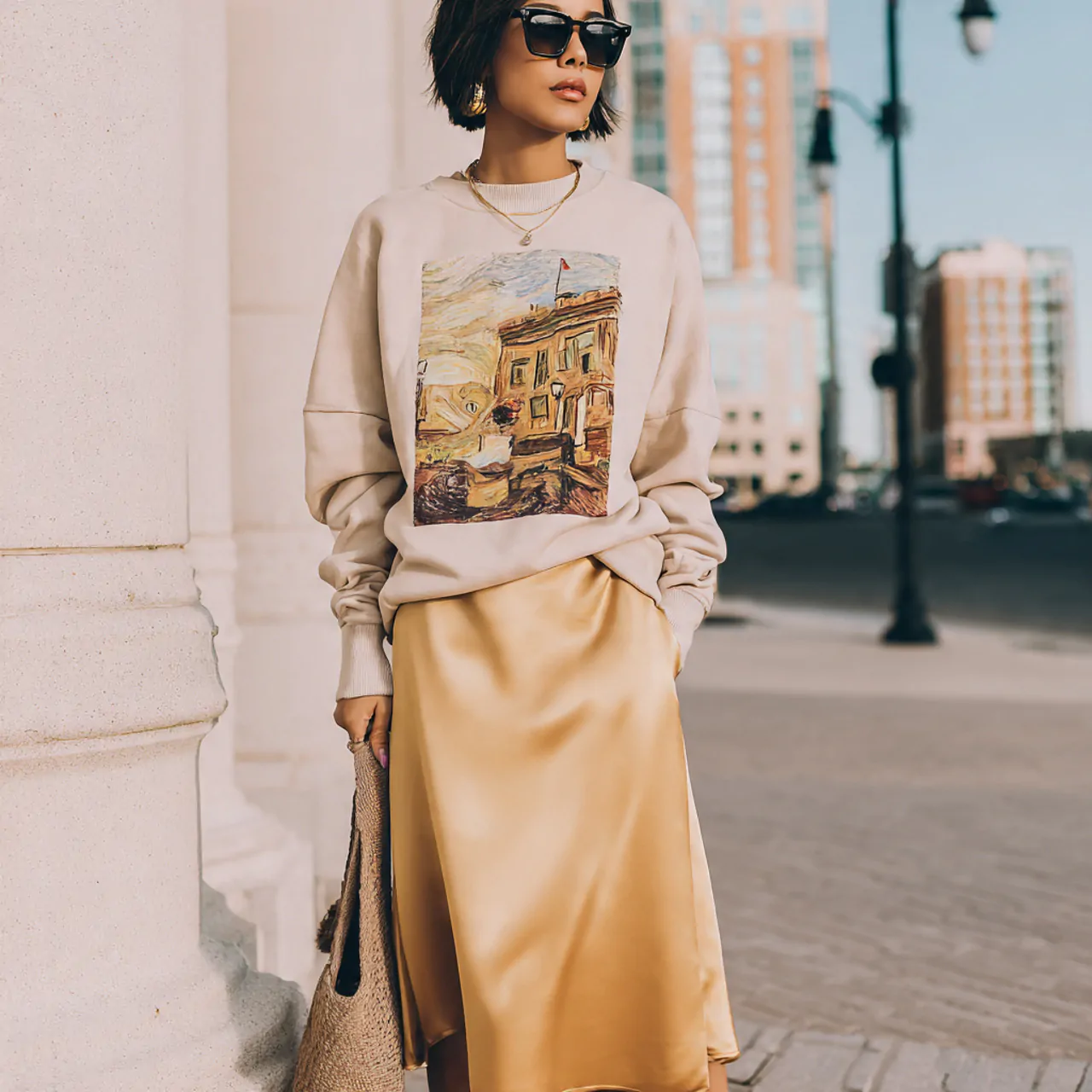 create women image wearing graphic sweatshirt with
