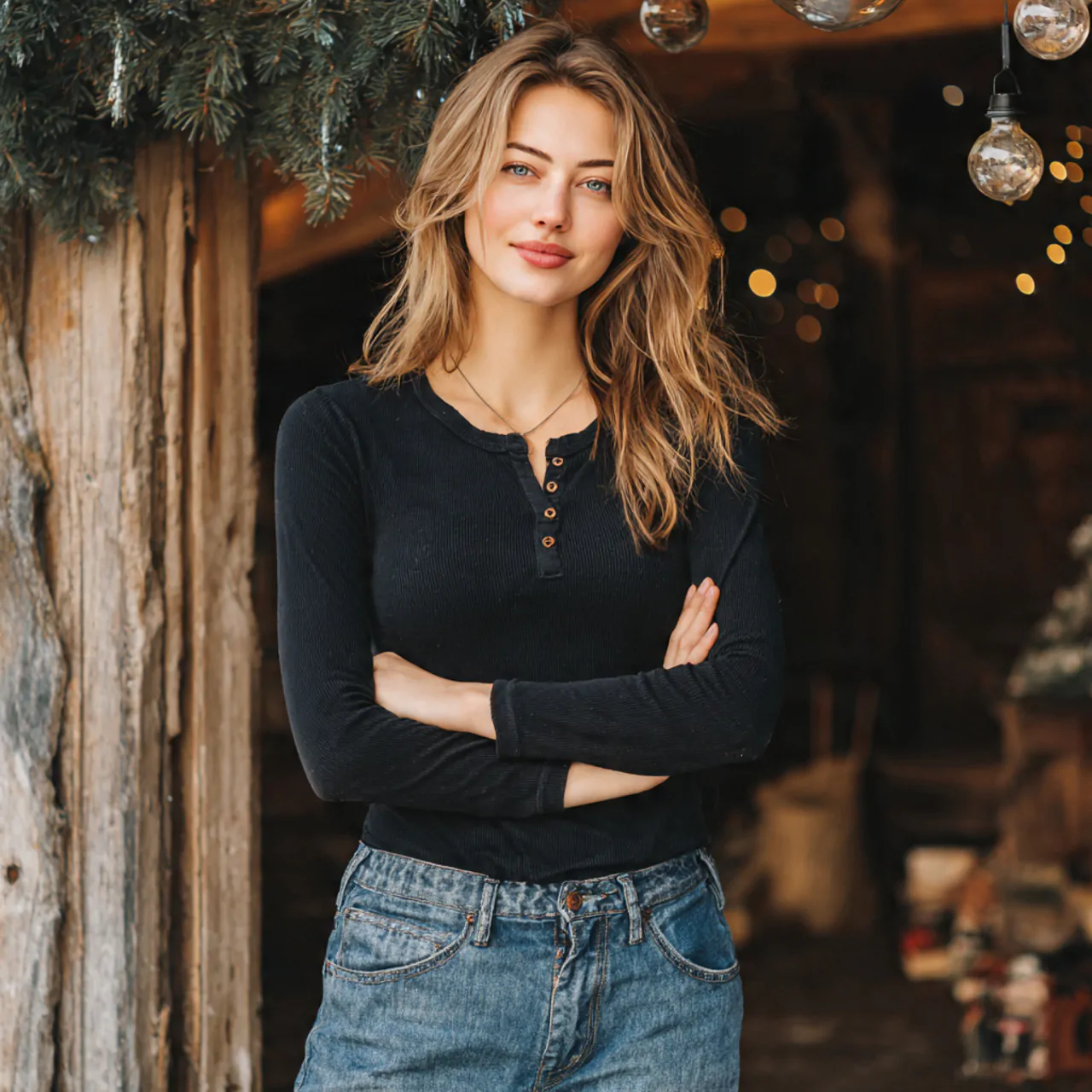 create women image wearing henley top with