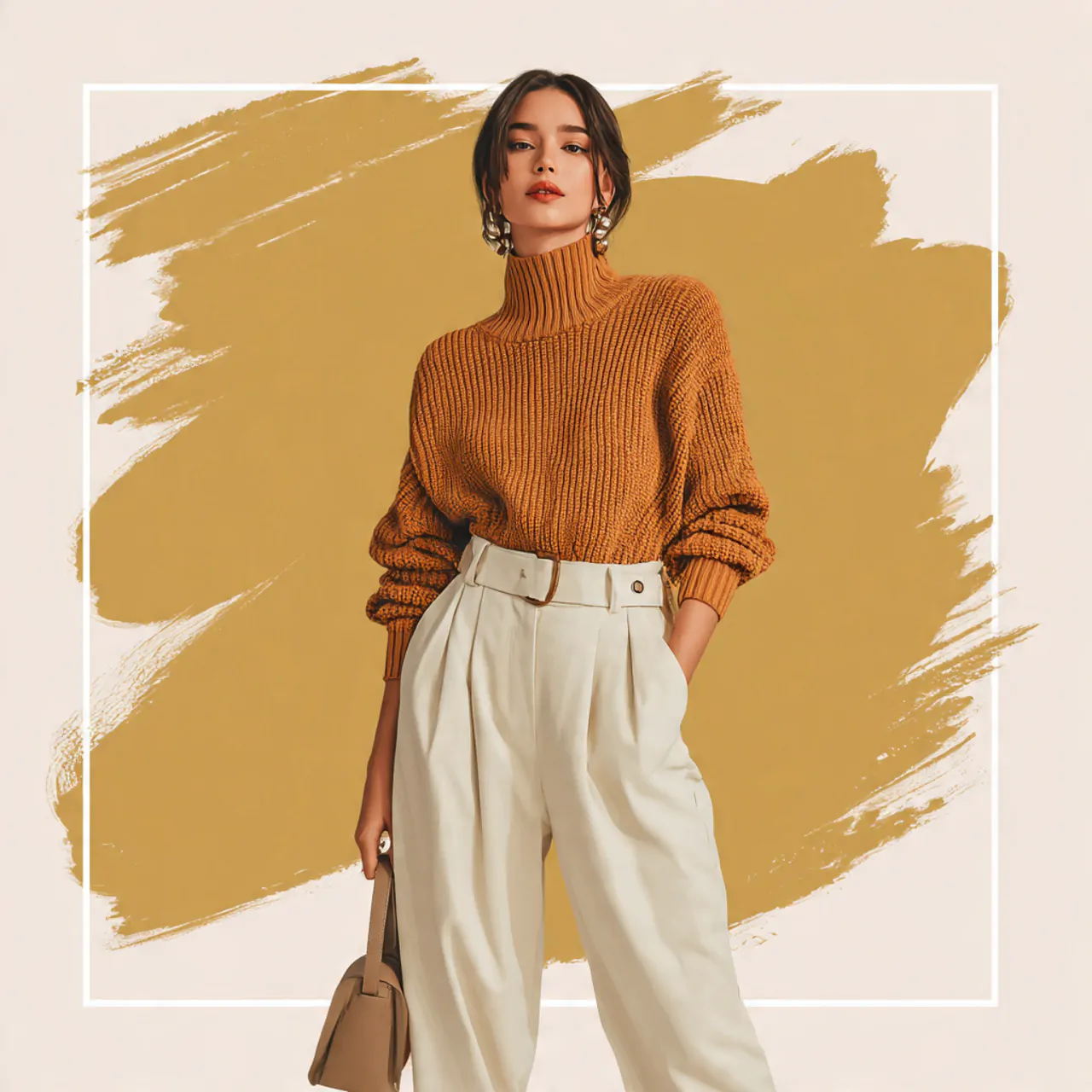 create women image wearing mock neck sweater with