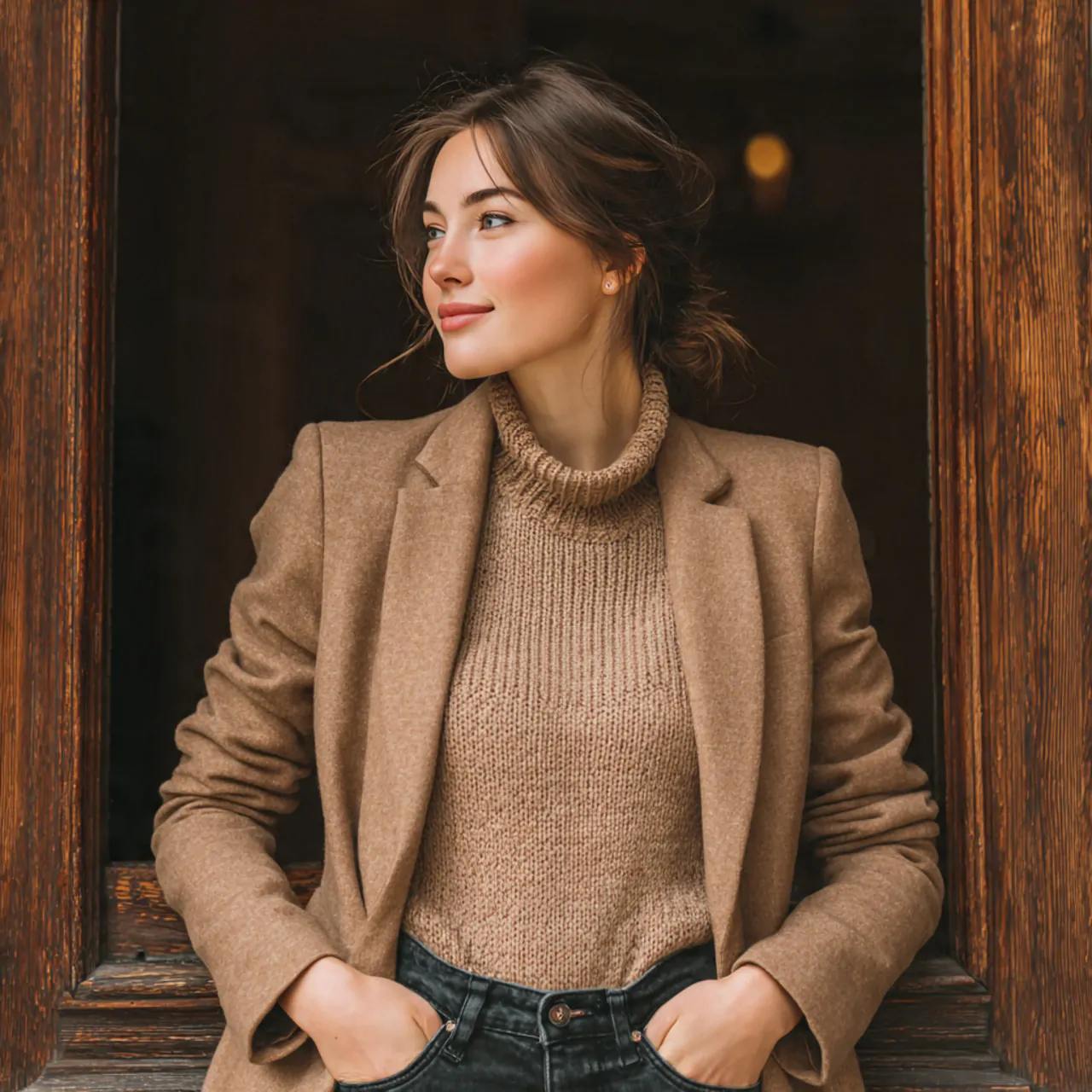 create women image wearing neutral blazer with dar