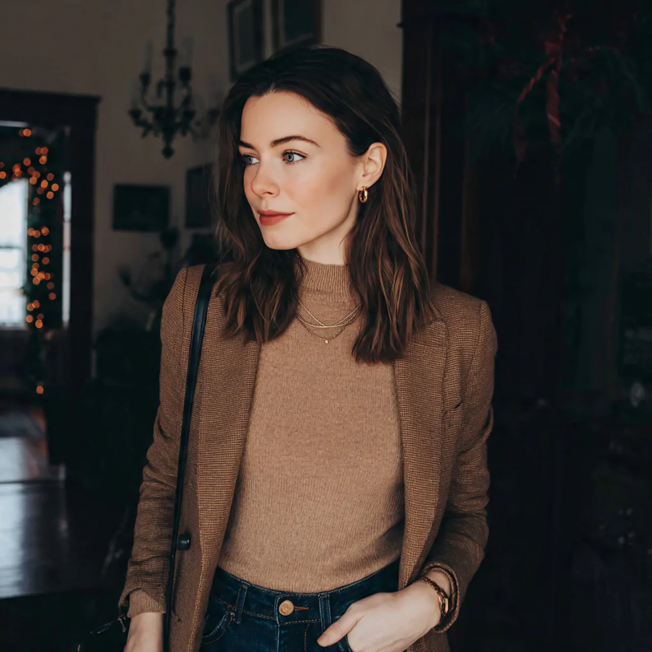 Thanksgiving Dinner Outfit: Chic, Comfortable Looks to Wear This Season 4 dark denim with a camel blazerthanksgiving dinner