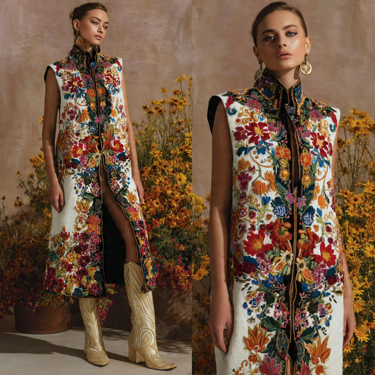 embroidered vest over column dresshippie chic outf