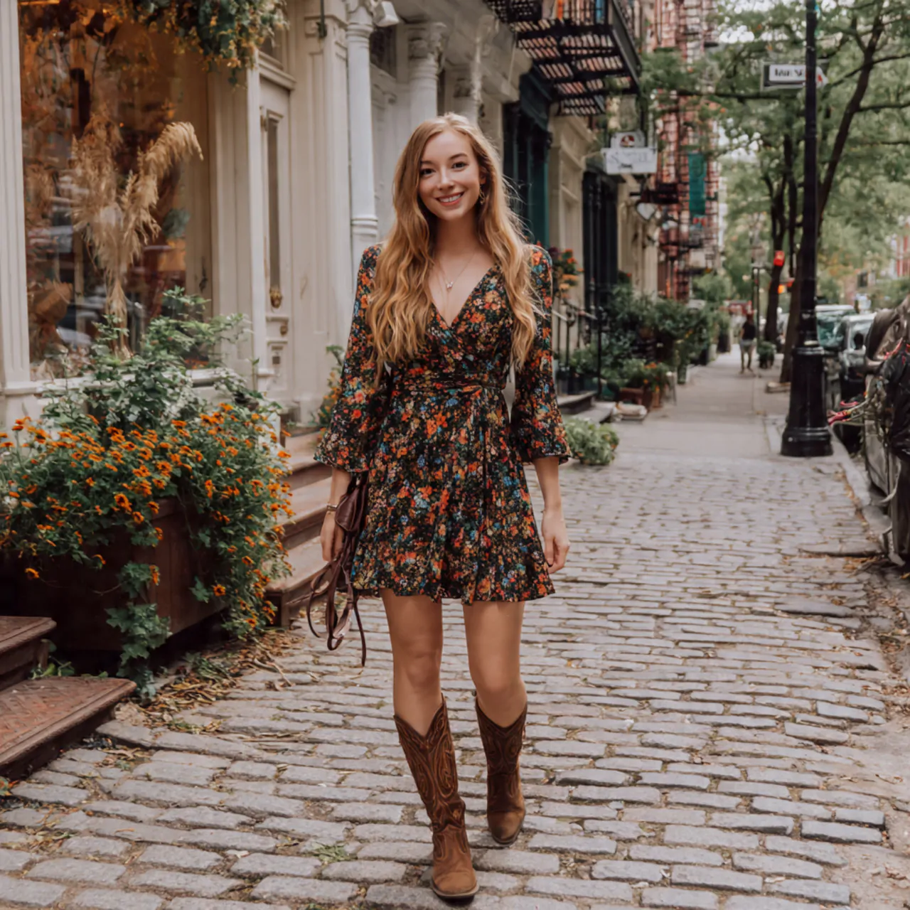 floral wrap dress with flat bootshippie chic outfi 1