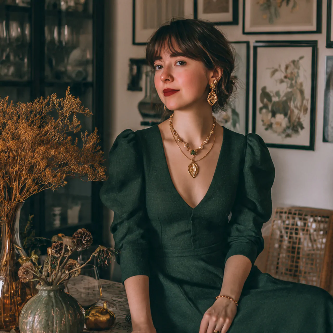 Thanksgiving Dinner Outfit: Chic, Comfortable Looks to Wear This Season 10 forest green midi dress with gold accessoriesthank