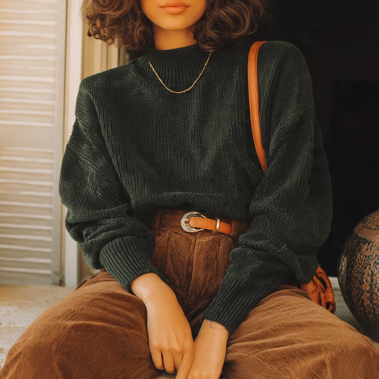 17 Thanksgiving Outfit Looks for Chic, Comfortable Holiday Style 15 forest green sweater with brown corduroy pantsthan