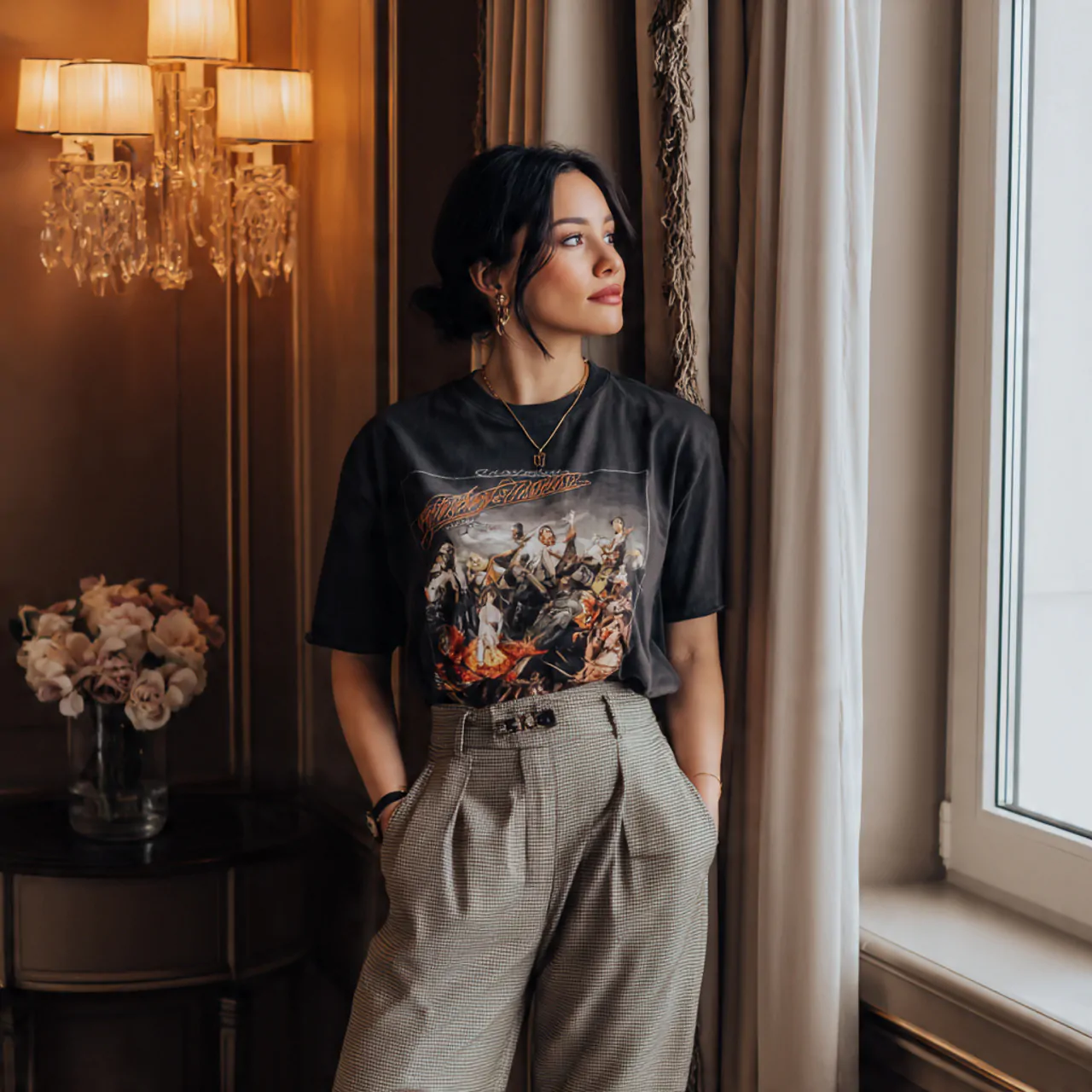 graphic tee with tailored pantsmovie date night ou 1