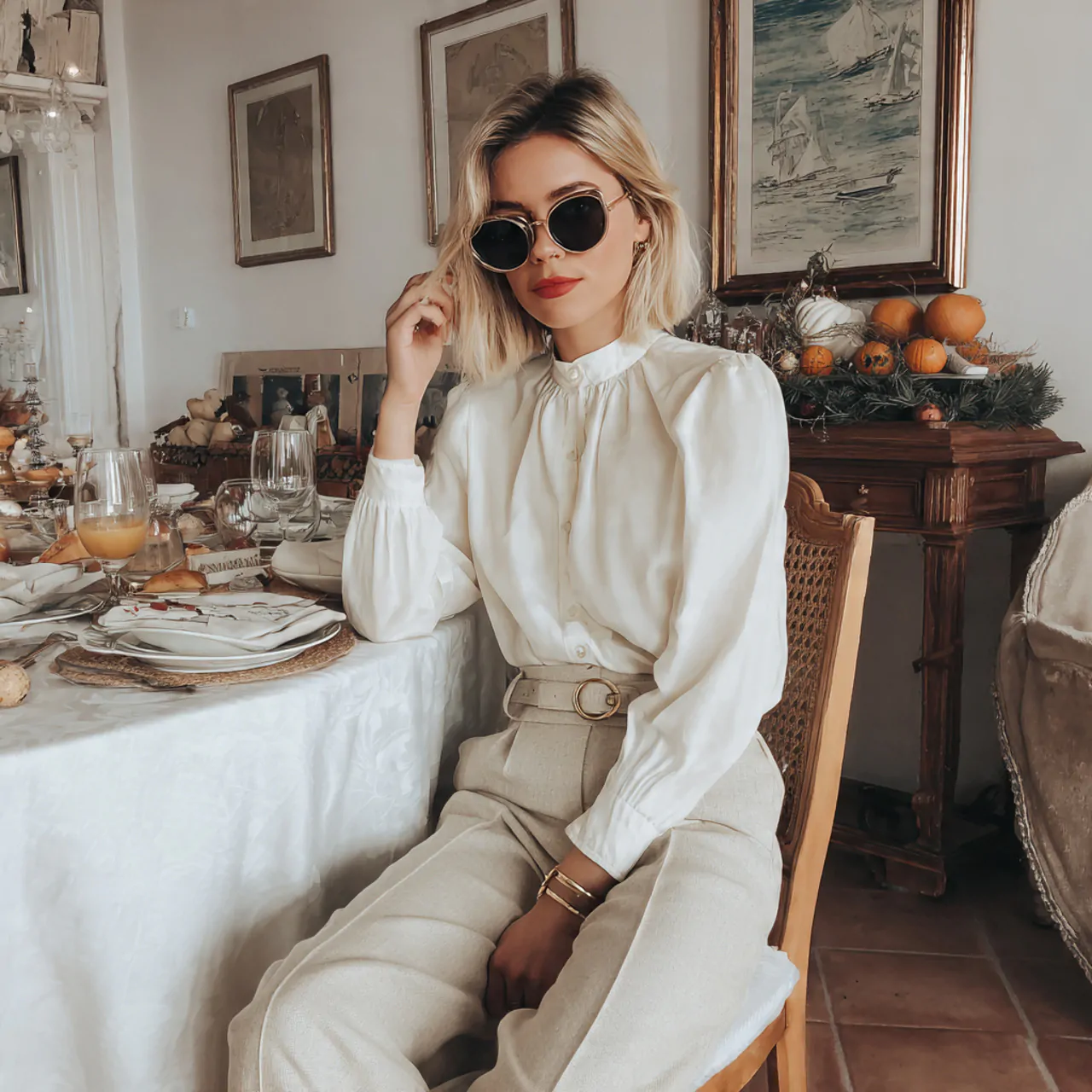 Thanksgiving Dinner Outfit: Chic, Comfortable Looks to Wear This Season 8 ivory blouse with tailored cigarette pantsthanksgi