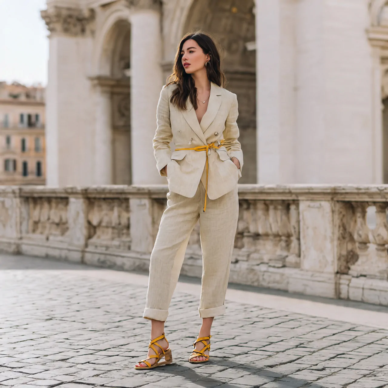 Blazer Outfits for Women Classy: 16 Elevated Looks That Feel Polished, Modern, and Easy to Wear 15 linen blazer with relaxed trousers and sandalsblaz