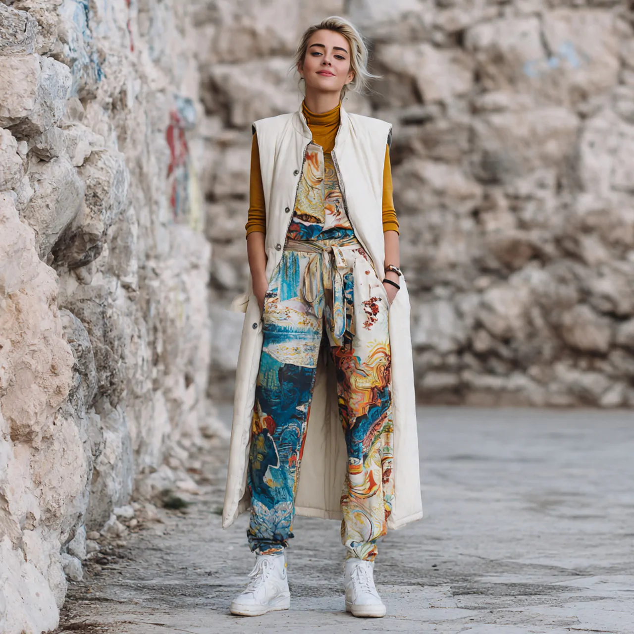 longline vest with printed trousershippie chic out