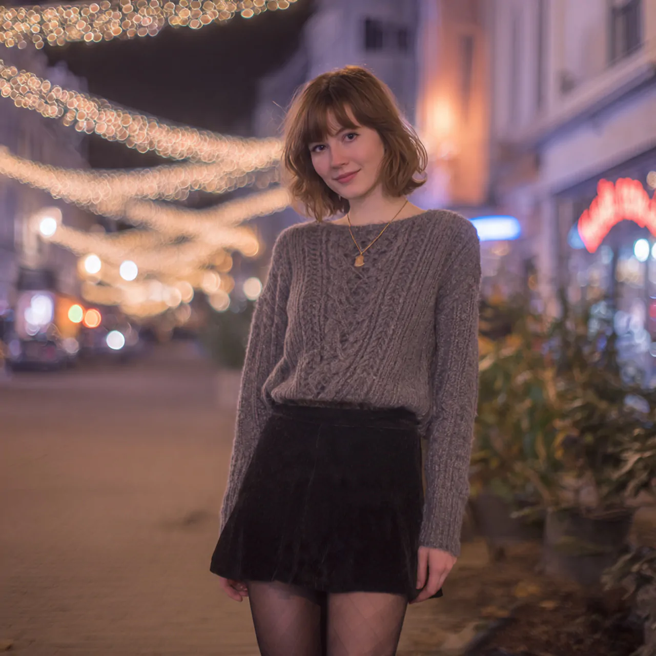 mini skirt with tights and a soft sweatermovie dat