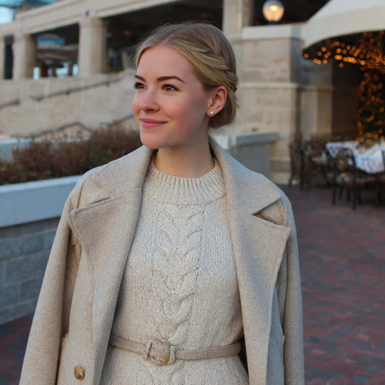 Thanksgiving Dinner Outfit: Chic, Comfortable Looks to Wear This Season 15 oatmeal sweater dress with belted coatthanksgiving