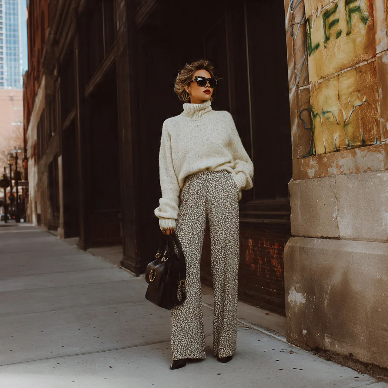17 Thanksgiving Outfit Looks for Chic, Comfortable Holiday Style 9 oversized turtleneck with wide leg trousersthanksg