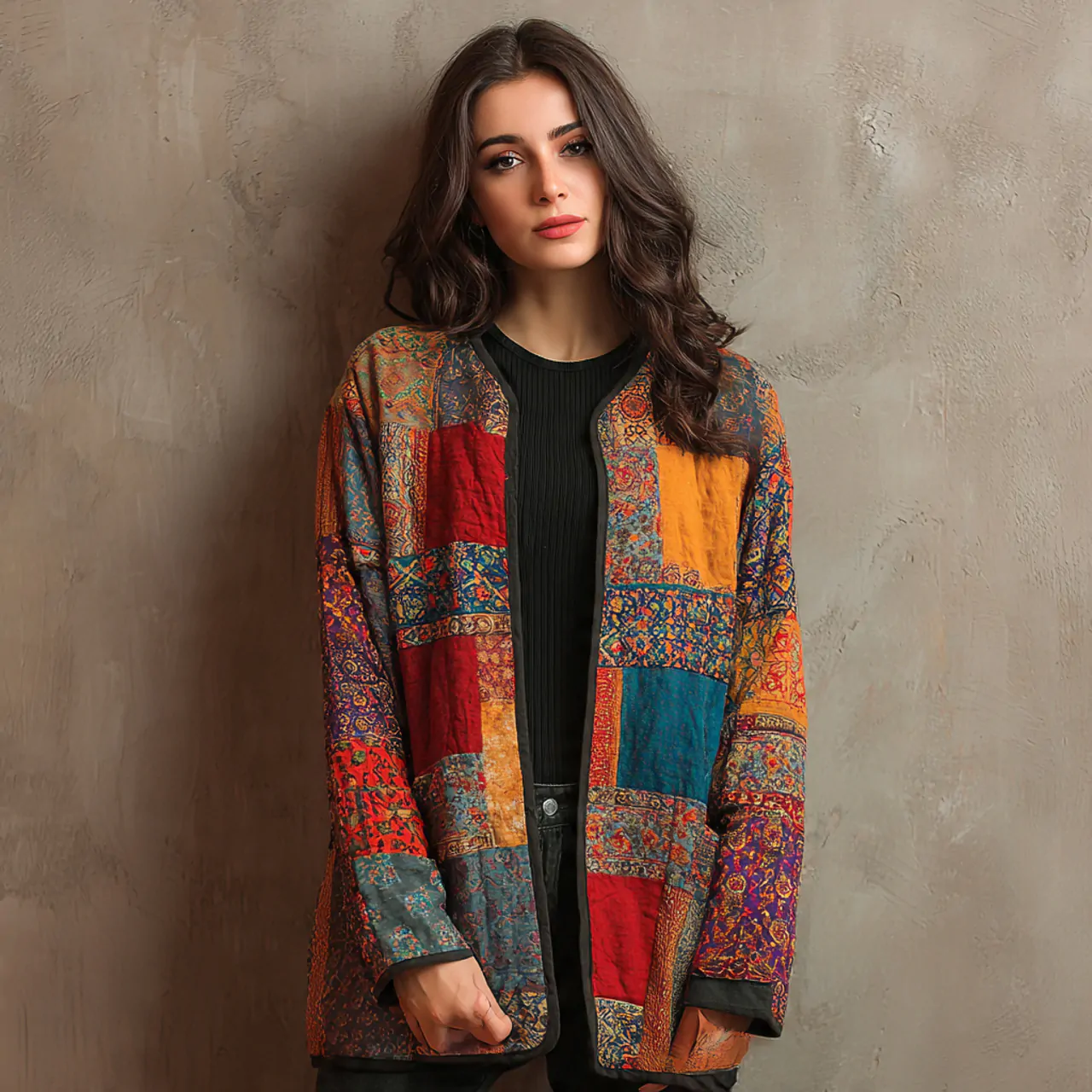 patchwork jacket with simple black basehippie chic