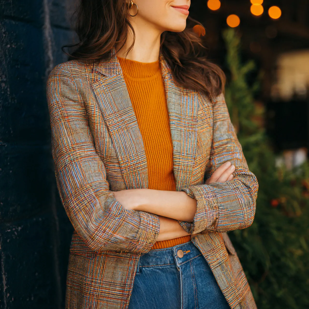 17 Thanksgiving Outfit Looks for Chic, Comfortable Holiday Style 7 plaid blazer with fine knit top and blue denimthan