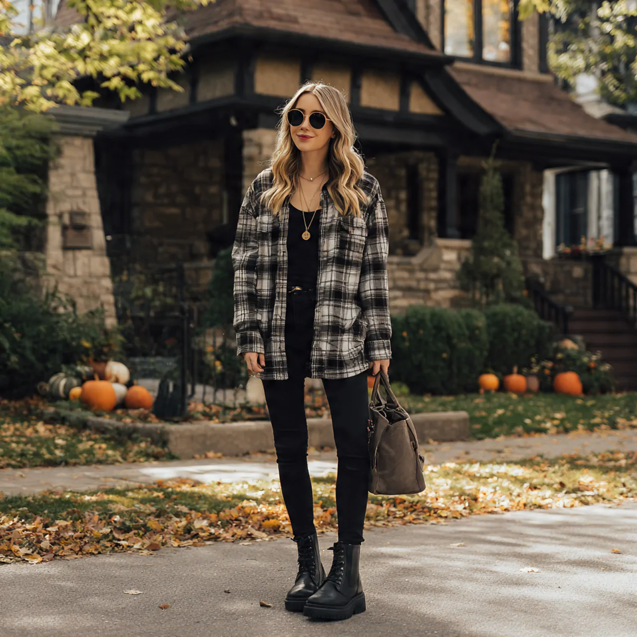 plaid shacket with black leggings and chelsea boot