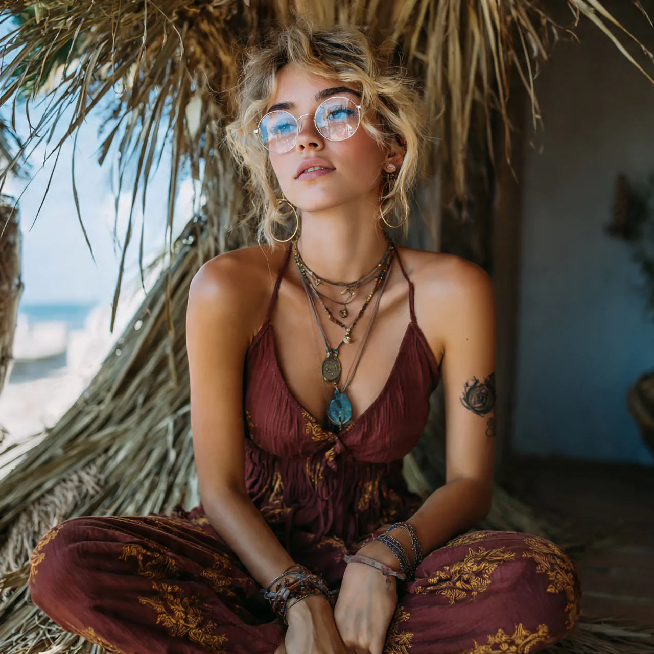 relaxed jumpsuit with layered jewelryhippie chic o