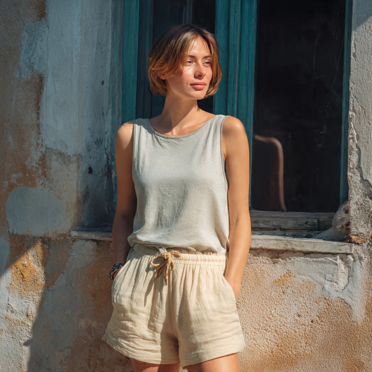 16 Chic Comfy Casual Summer Outfits That Are Easy to Wear 7 relaxed tank with pull on gauze shortscomfy casual
