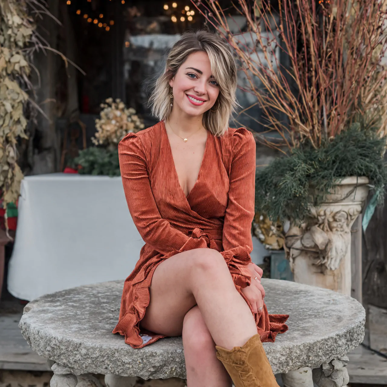 Thanksgiving Dinner Outfit: Chic, Comfortable Looks to Wear This Season 5 rust wrap dress with suede bootiesthanksgiving din
