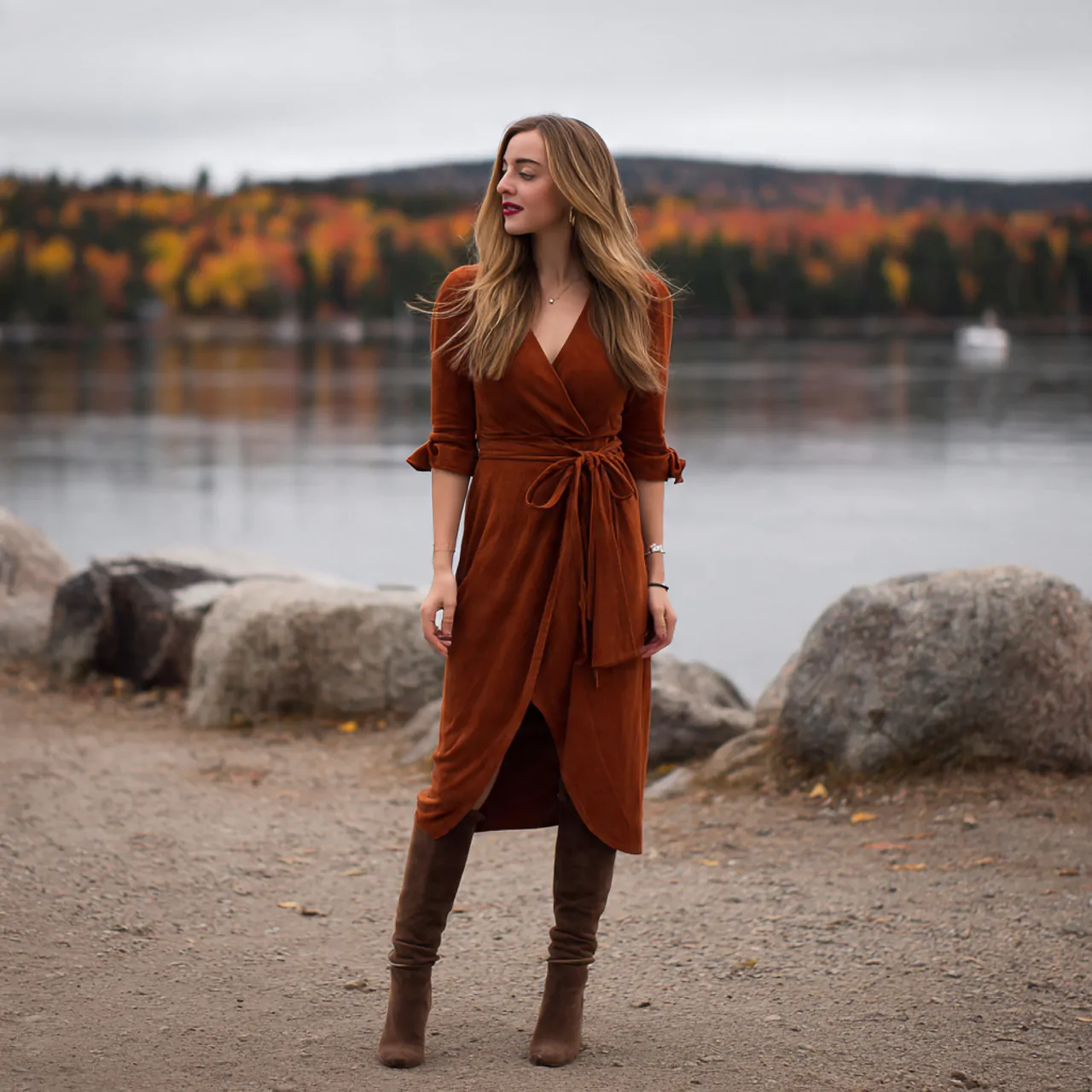 17 Thanksgiving Outfit Looks for Chic, Comfortable Holiday Style 8 rust wrap midi dress with suede bootsthanksgiving