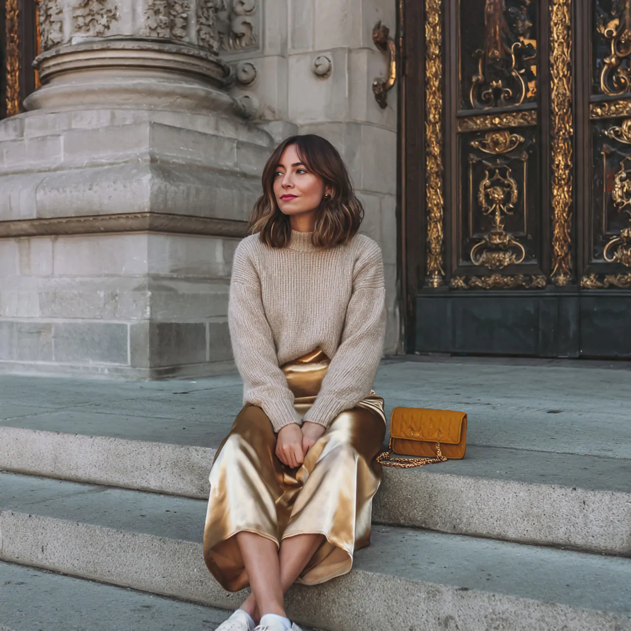 satin midi skirt with a fine sweatermovie date nig