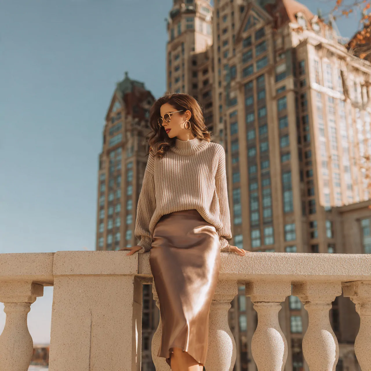 Thanksgiving Dinner Outfit: Chic, Comfortable Looks to Wear This Season 3 satin midi skirt with a soft cashmere knitthanksgi