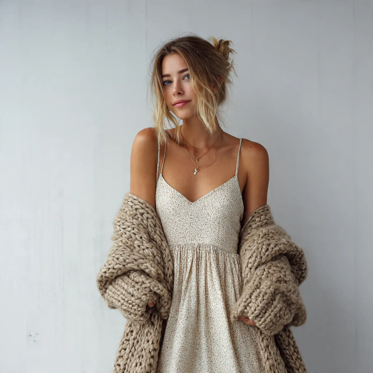 slip dress with chunky knit wraphippie chic outfit 1