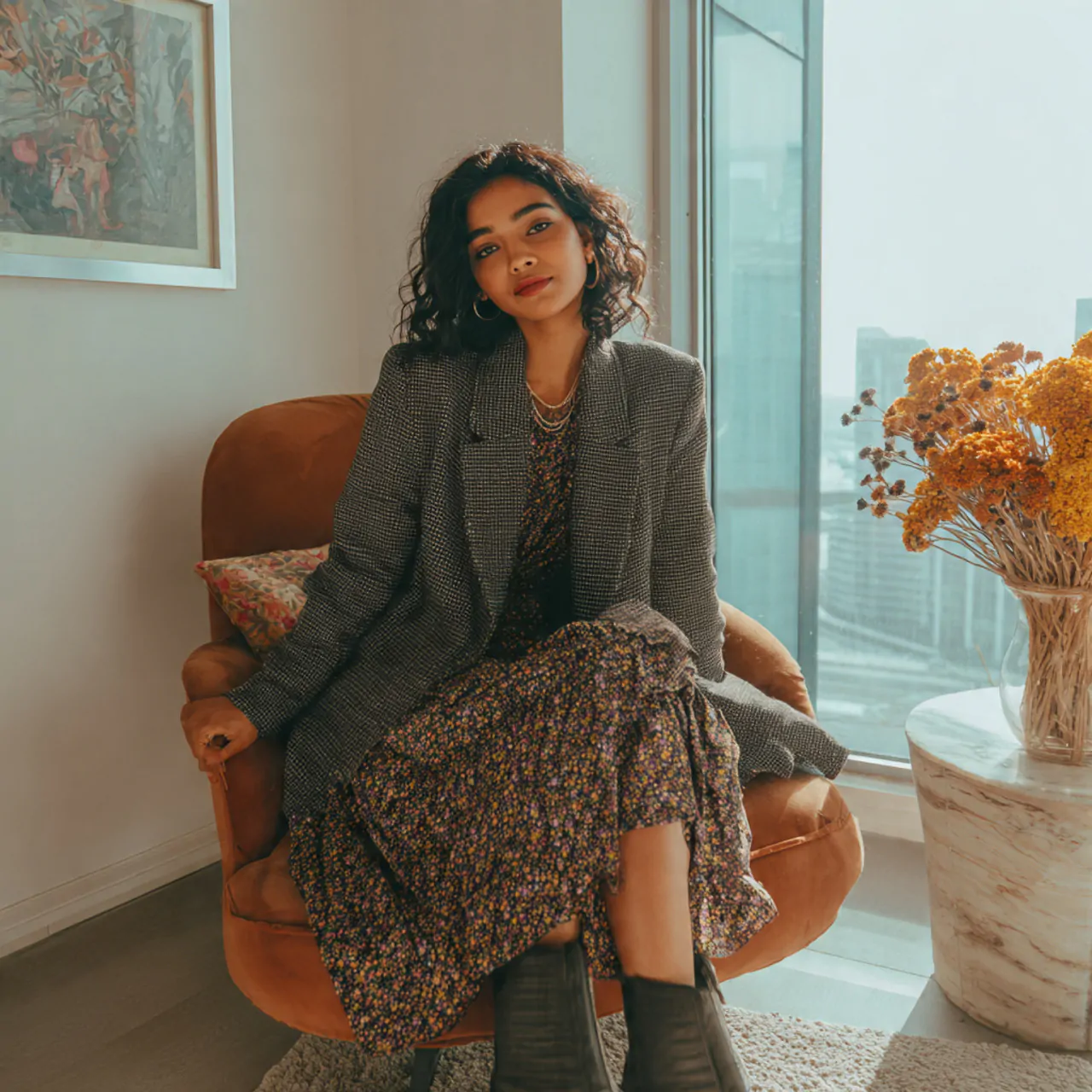 Thanksgiving Dinner Outfit: Chic, Comfortable Looks to Wear This Season 17 soft blazer with fine knit and midi skirtthanksgiv