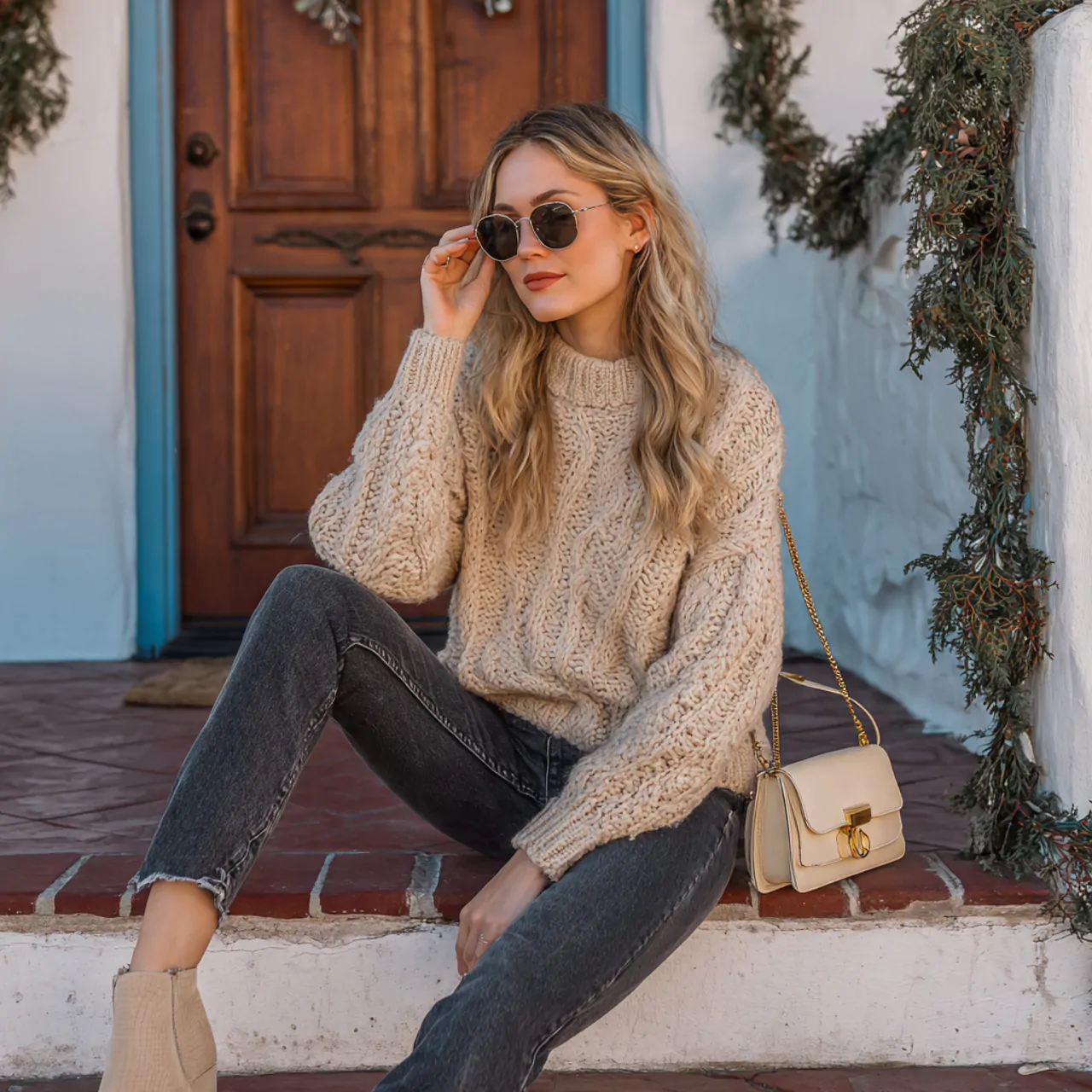 17 Thanksgiving Outfit Looks for Chic, Comfortable Holiday Style 1 soft oatmeal sweater with dark straight leg jeanst