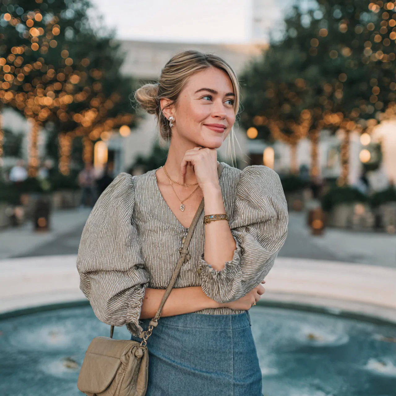 Thanksgiving Dinner Outfit: Chic, Comfortable Looks to Wear This Season 16 statement sleeve blouse with midi denim skirtthank