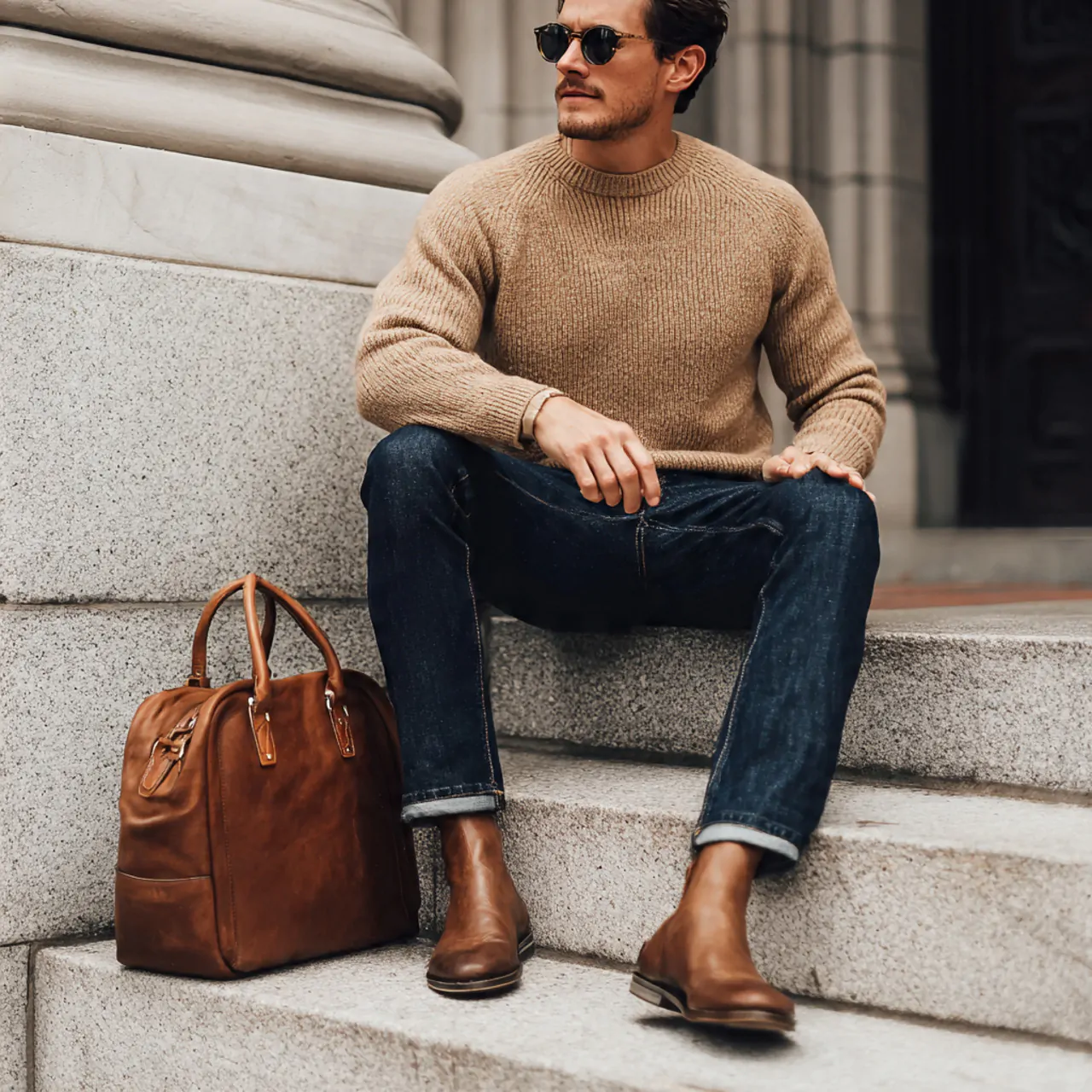Thanksgiving Outfit Men: 17 Polished Looks for a Stylish Holiday 1 thanksgiving outfit men in camel sweater and dark 1