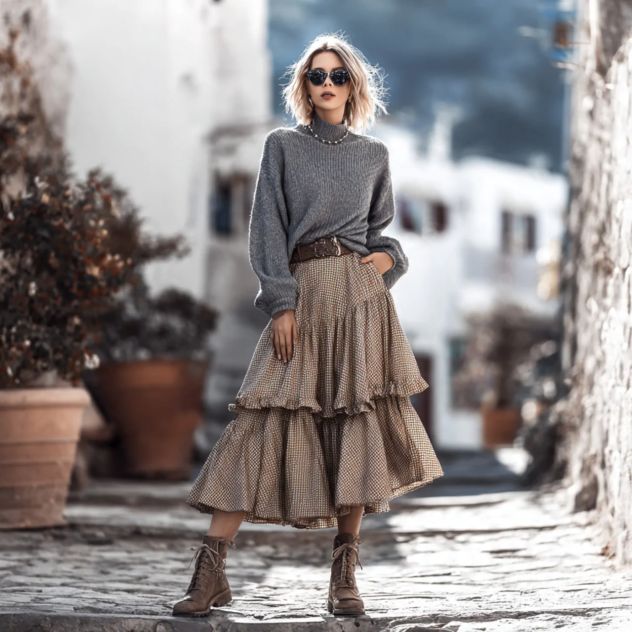 tiered midi skirt with fitted knit tophippie chic