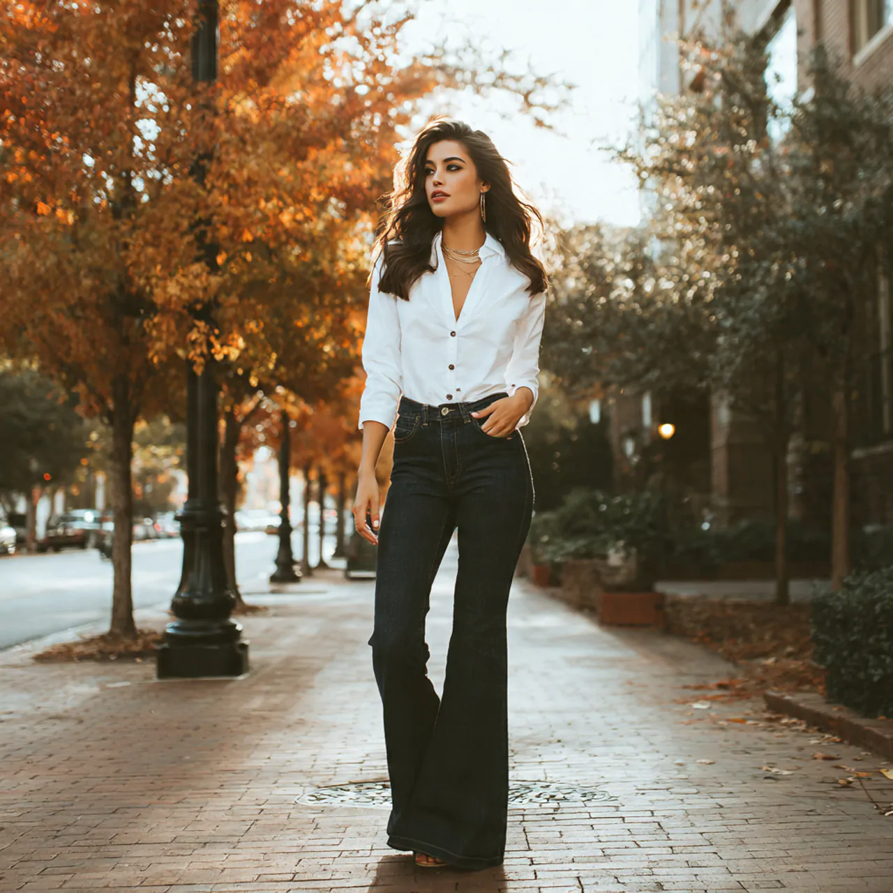 Thanksgiving Dinner Outfit: Chic, Comfortable Looks to Wear This Season 14 white shirt with dark wash flared jeansthanksgivin